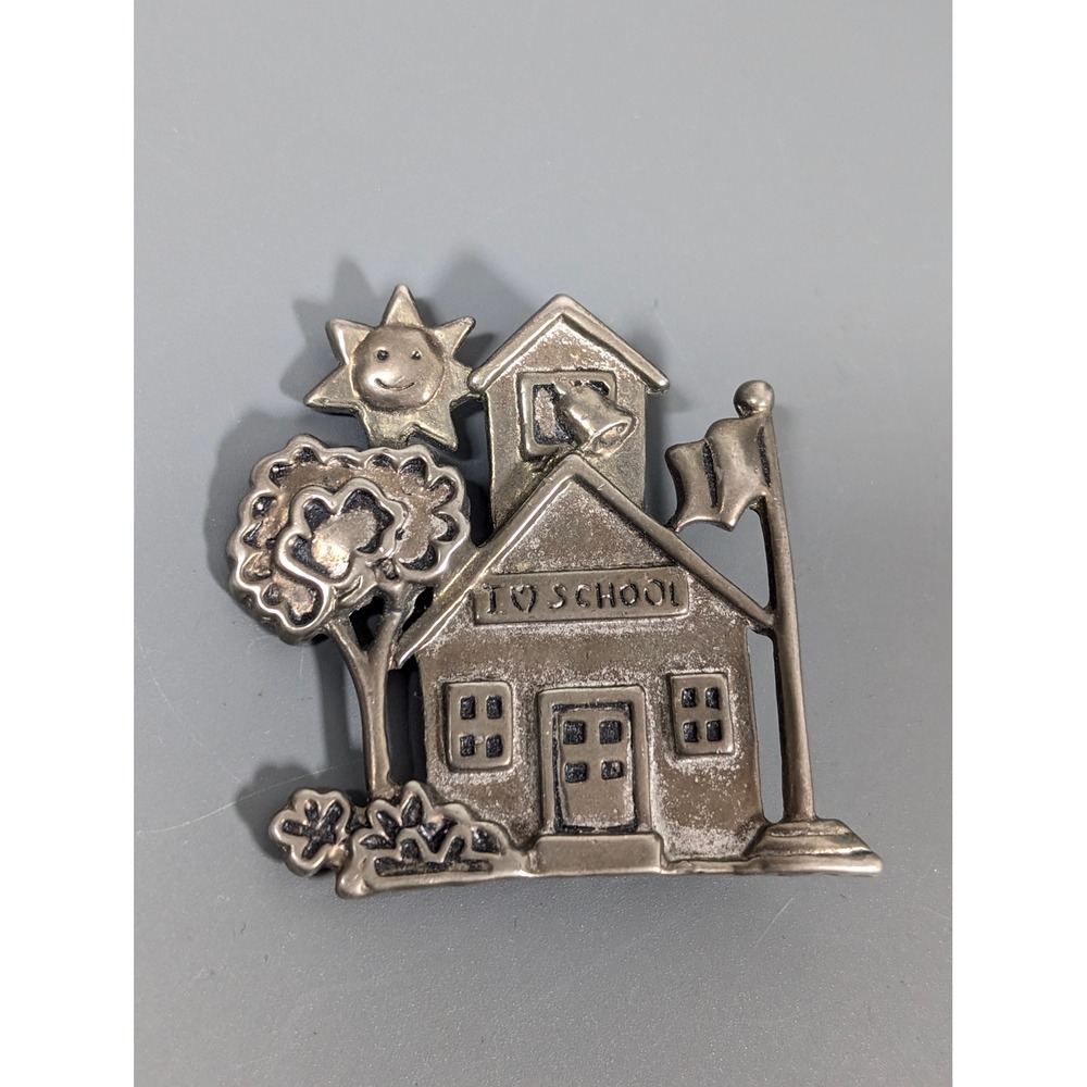Vintage‎ Silver Tone Schoolhouse Tree Sun I Heart School Brooch Pin